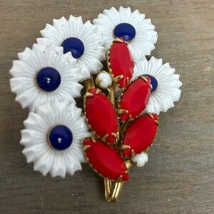 Vintage Patriotic Elegant Red and White Floral Milk Glass Brooch
